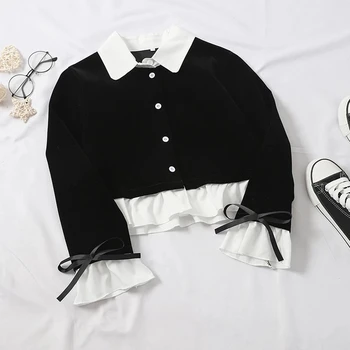 Koreańska Modna Damska Koszula z plisami + Mini szorty, Komplety z 2 przedmiotów, Czarno-biała Bluzka w stylu retro dla dziewczyn i spodnie z wysokim stanem, Zestawy z dwóch przedmiotów