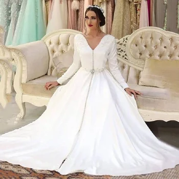 Prawdziwe Zdjęcia Marokańska Kaftan Suknie Wieczorowe Satynowe Trapezowe Rękawa Biały Muzułmański Elegancki Długi Ślubny Kaftan Marocain De Mariage