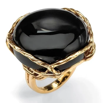 Czeski Naturalny Czarny Onyks Pozłacany Pierścień dla Kobiet, Mężczyzn Ręcznie Wielkie Wspólne Pierścień Gothic Biżuteria Akcesoria