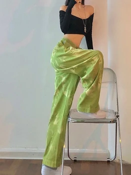 HOUZHOU Harajuku Y2k Spodnie Damskie Sztruks i Krawat Barwnik Zielone Spodnie Z Wysokim Stanem Damskie Temat Uliczne Spodnie Codzienne Koreański Styl