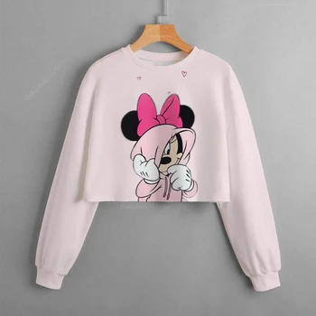 Jesienno-zimowy nowy kreskówka Disney Mickey i Minnie, nowe ubrania dla dziewczyn z nadrukiem, krótki sweter z długim rękawem, bluza, top dla dziewczynek
