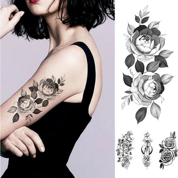 Wodoodporne Tymczasowe Tatuaże Naklejki Piwonia Kwiat Wieniec Flash-Tatuaże Damskie Minimalistyczna Linia Body-Art, Fałszywy Tatuaż