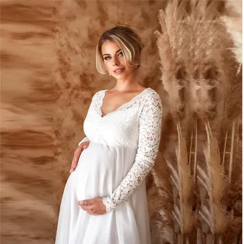 Koronkowe Białe Sukienki Dla Kobiet W Ciąży, Aby Dusza Dziecka, Sukienka Maxi Sesji Zdjęciowej Dla Kobiet W Ciąży, Rekwizyty Do Zdjęć Ślubnych