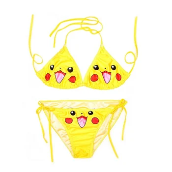 Pokemon Pikachu Kawaii Anime Sexy Strój Kąpielowy Sznurowane Z Dekoltem Лодочкой Ładny Kreskówka Digital Print Gorące Dziewczyny W Bikini Strój Kąpielowy Zestaw