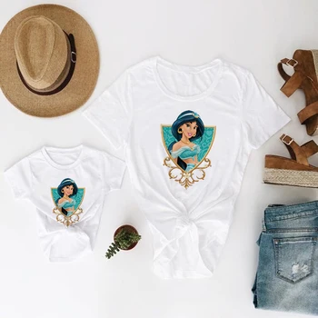 Odzież dziecięca, Letnia koszulka dla mamy i córki, Elegancki t-Shirt z Nadrukiem Księżniczki Disneya, Same ubrania dla rodziny, Koszulka Femme