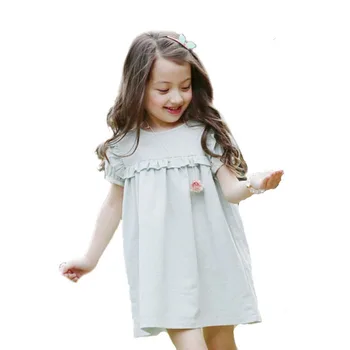 2019 Nowa Letnia Odzież Dziecięca, sukienka z pełnymi Rękawami dla małych Dziewczynek, Stałe Zielone Bawełny siemię Lniane Codzienne Fotelik sukienka z plisami