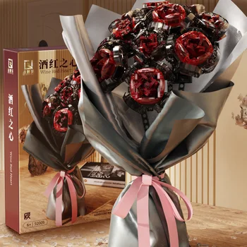 Czerwone wino 11 bukiet róż dziewczyna biżuteria dorośli klocki zabawka w zbieraniu kreatywny prezent na Walentynki 3 papier do pakowania prezentów