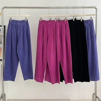 Aksamitne Spodnie z Prostymi Nogawkami Lauri Łąki dla Kobiet Y2k, Vintage Casual Temat Spodnie Pełnej Długości z Elastyczną Gumką w Pasie, Jesień-Zima