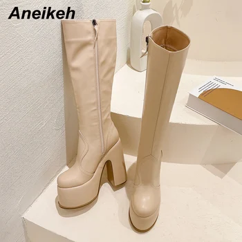 Aneikeh/2023 r. Jesienne nowe pikantne damskie buty do kolan z imitacji skóry na wysokim, kwadratowym obcasie z okrągłym czubkiem i platformie zapinane na zamek damskie wieczorowe moda buty 35-42