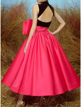 Suknia sukienka suknia kolor bloku gwiazdy, styl gości weselnych kostki długość wysokim kołnierzem, bez rękawów, satynowa sukienka z kokardka(y) łączenie