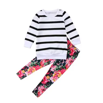 Dziecięcy t-Shirt w paski z długim rękawem dla dziewczynki, Bluzki + Spodnie z kwiatowym nadrukiem, Zestaw odzieży z 2 przedmiotów, Rozmiar od 3 do 8 lat