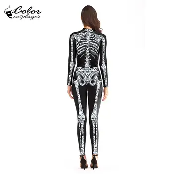 Kolorowy Косплейер Halloween Purim Karnawałowy Kostium Szkielet 3D Drukowane Kobiece Body Cosplay Kostium Kombinezon Z Długim Rękawem